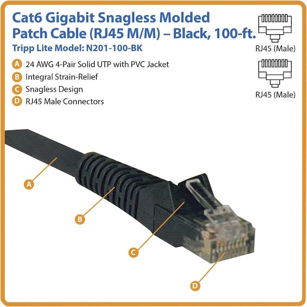 Patch Cable, Category 6, 24 Wire Gauge, 100'L, Black